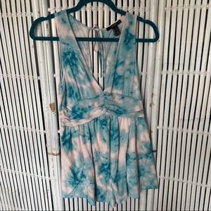 Forever 21 Blue Tie Dye Deep V Romper